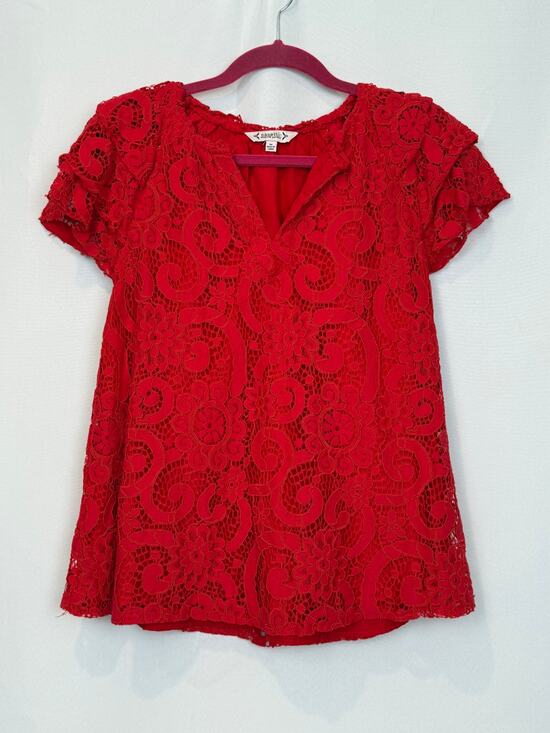 NANETTE Nanette Lepore Tops - Nanette Lepore Red Lace Flutter Sleeve Top V-Neck Lined Size M